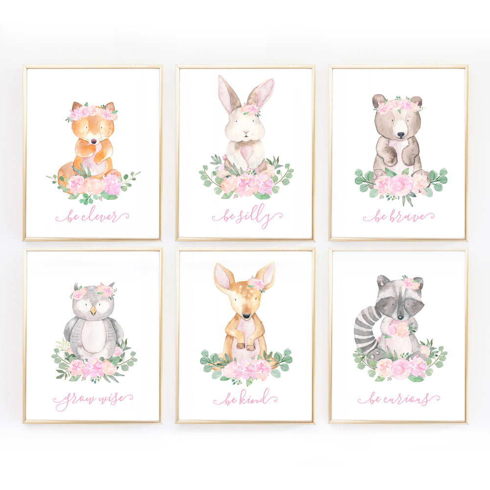 Woodland Nursery Wall Art Decor for Baby Girl - Pink and Mint Woodland Animals Girls 